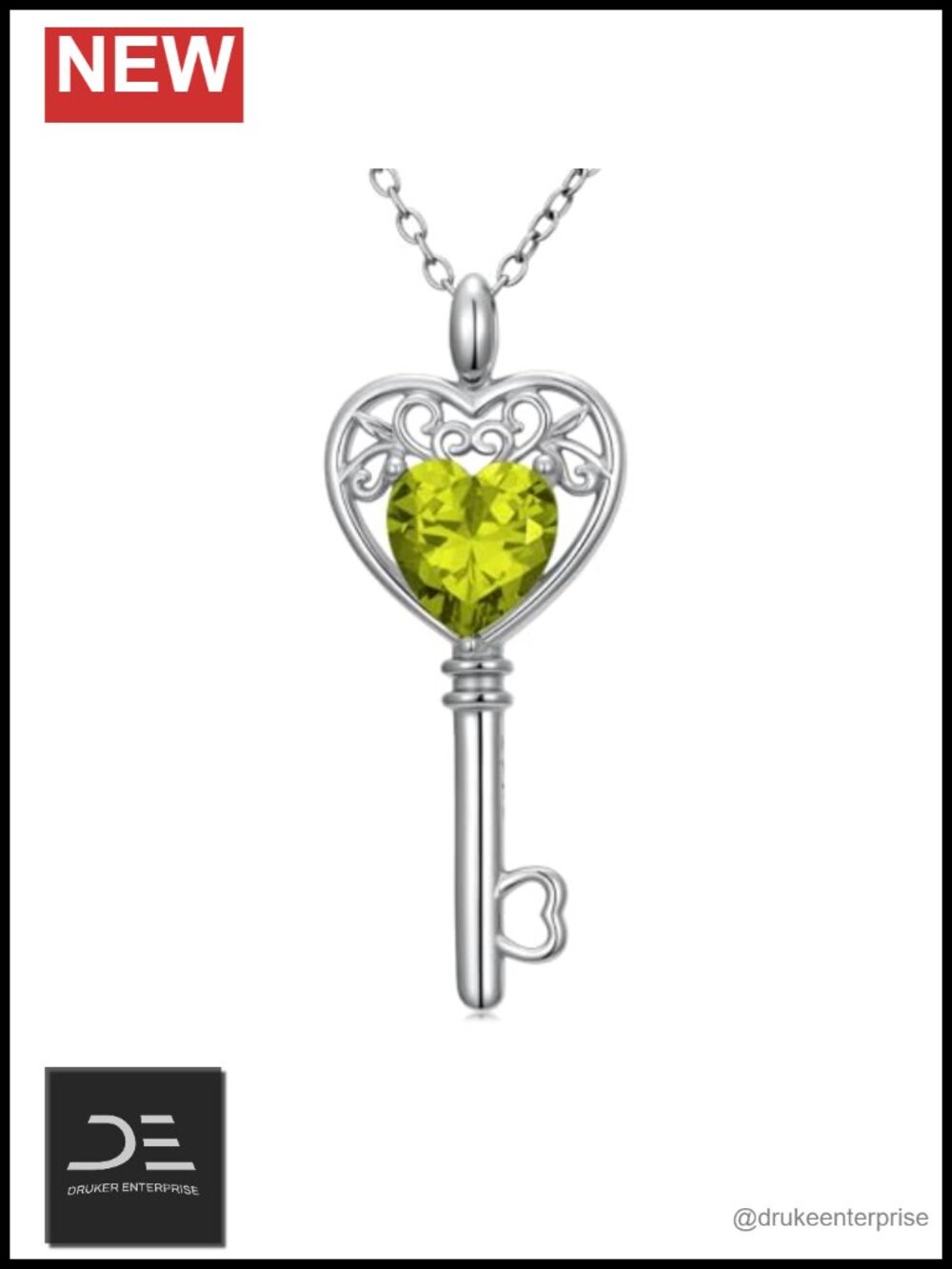 Sterling Silver Heart Key Birthstone Pendant Necklace Gift for Her